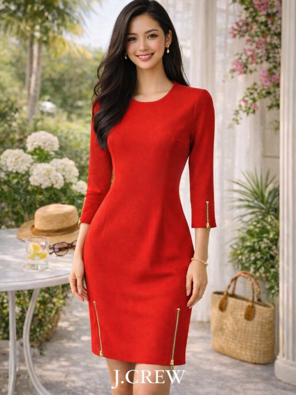 J.Crew Red Sheath Dress Gold Zipper Detail 3/4 Sleeve Size 0